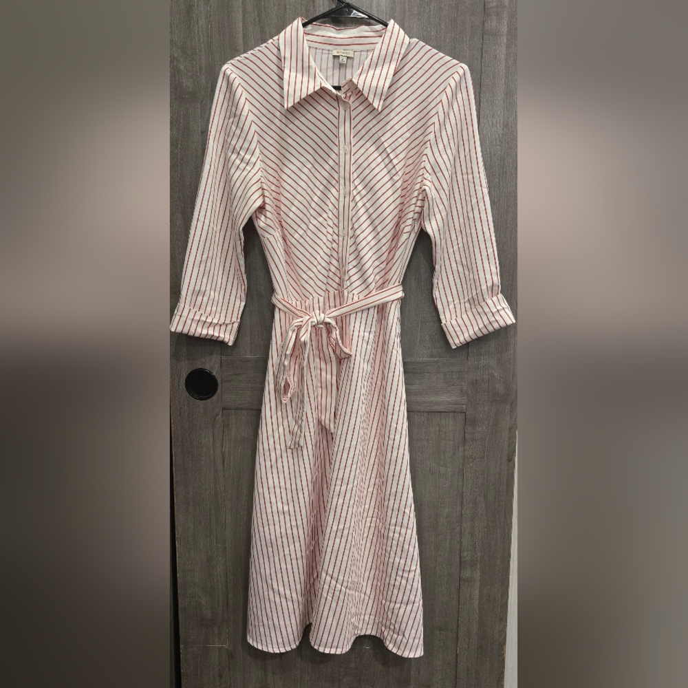 Red And White Candy Striped Daniel Cremieux Shirt Dress With Belt Sash